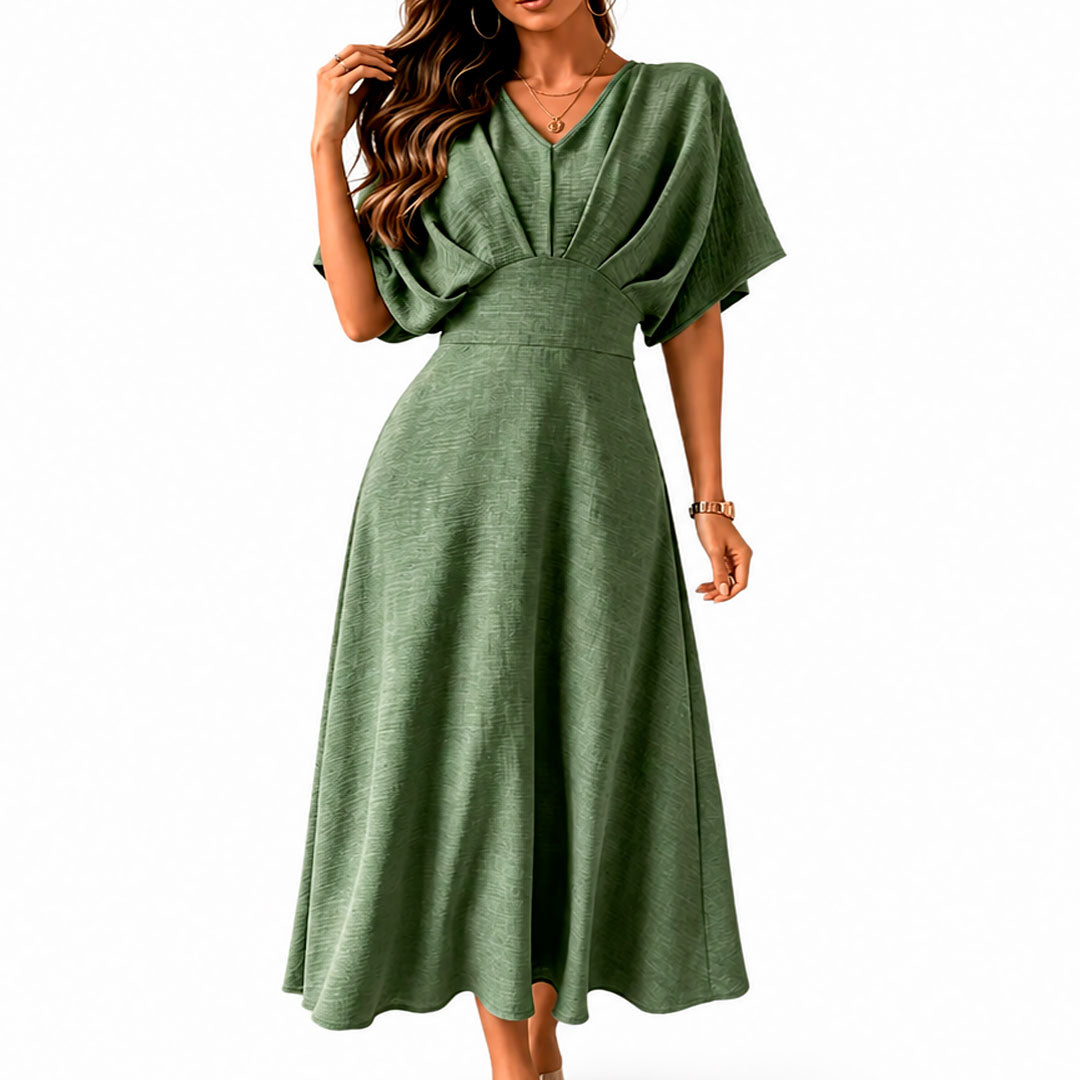 Women's Textured Batwing Sleeve V-Neck A-Line Midi Dress Klara