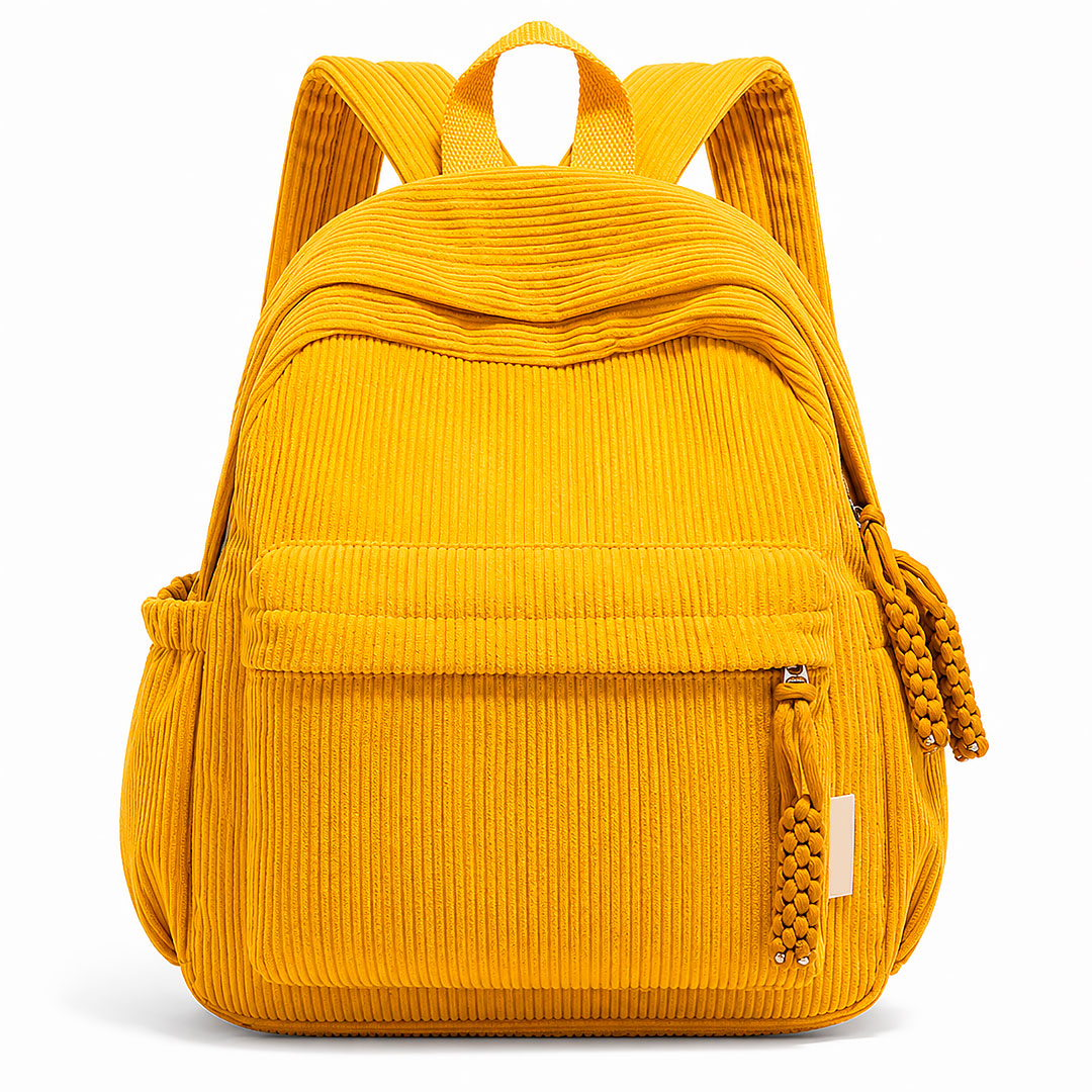 Women's Corduroy Mini Backpack with Macrame Zipper Pull