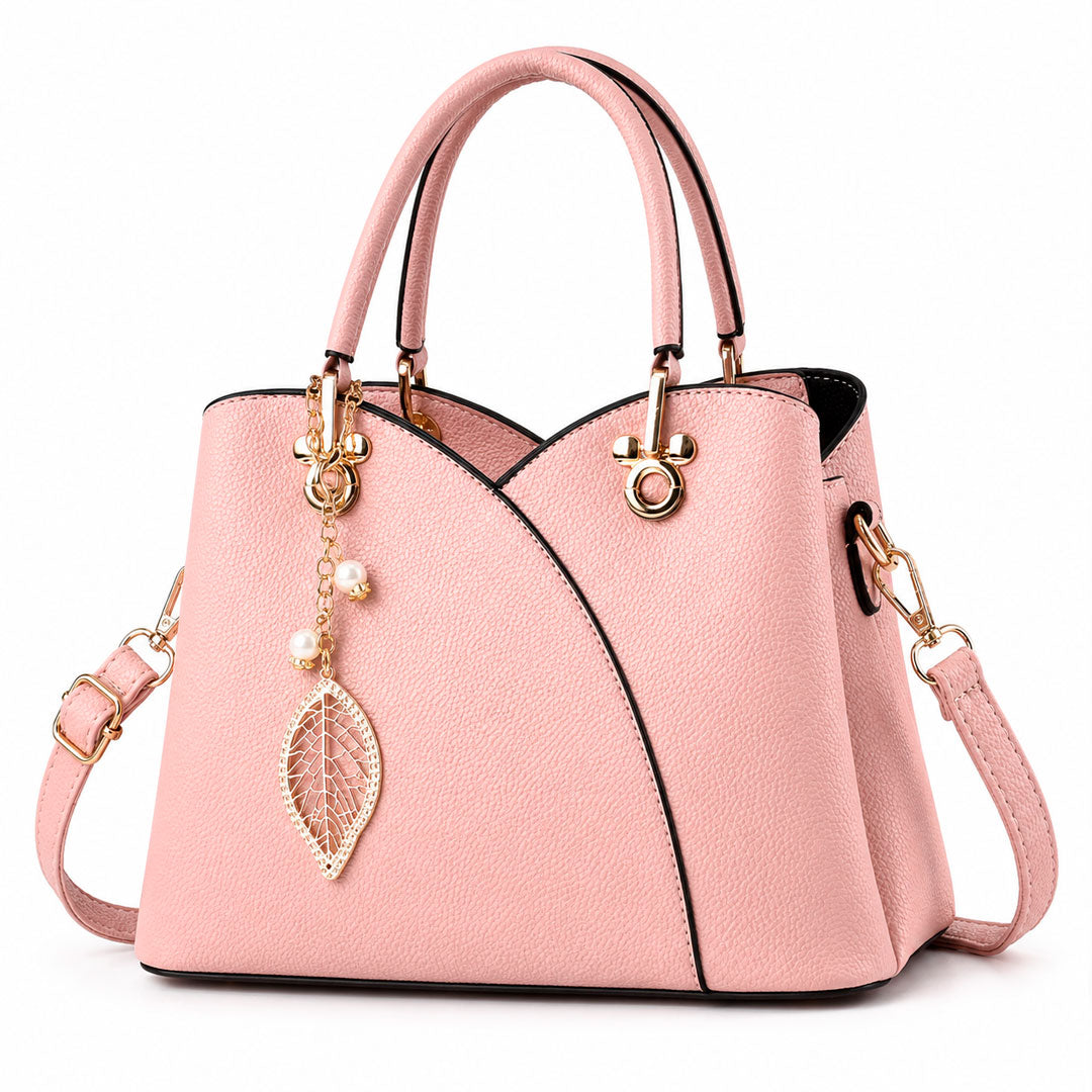Women's Pebbled Faux Leather Gold Hardware Tote Handbag with Leaf Charm