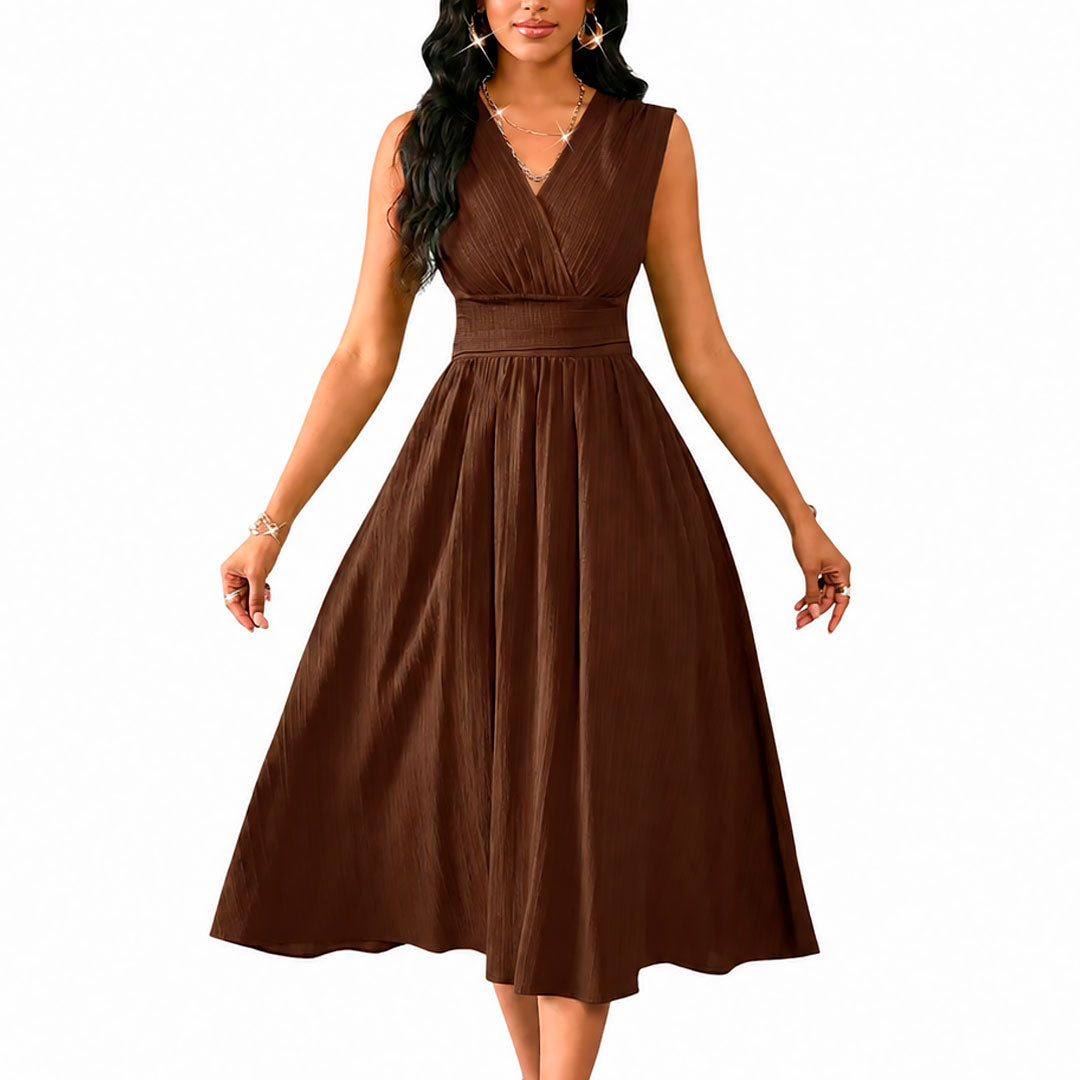 Women's Ruched V-Neck Sleeveless A-Line Midi Dress Klara