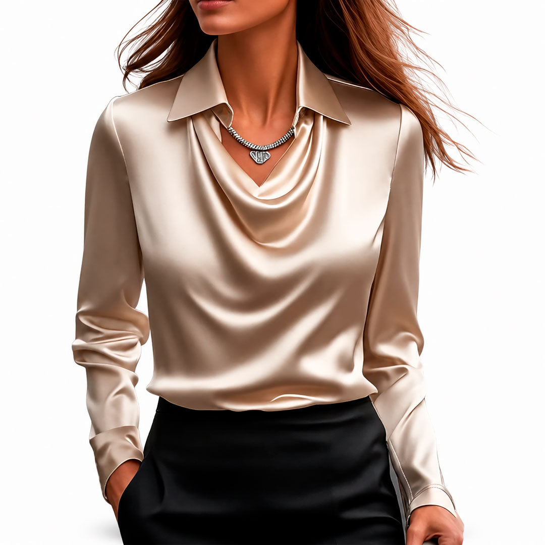 Women's Satin Cowl Neck Collared Long Sleeve Blouse Klara