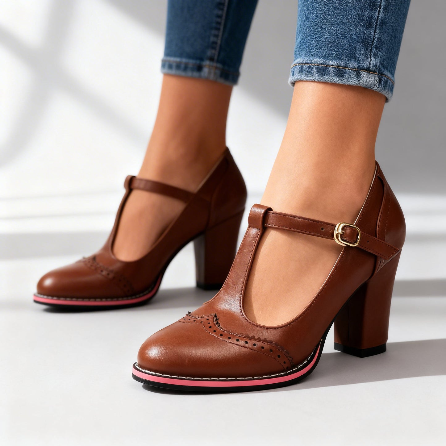 Women's Brogue Loafers with T-Strap Buckle Klara