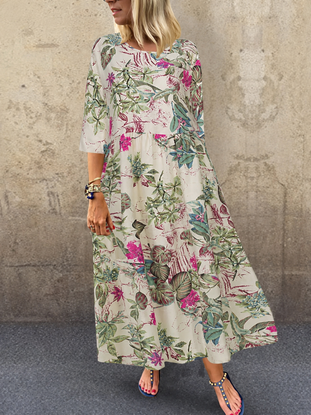 Women's Cotton Floral Print Three-Quarter Sleeve Dress Klara
