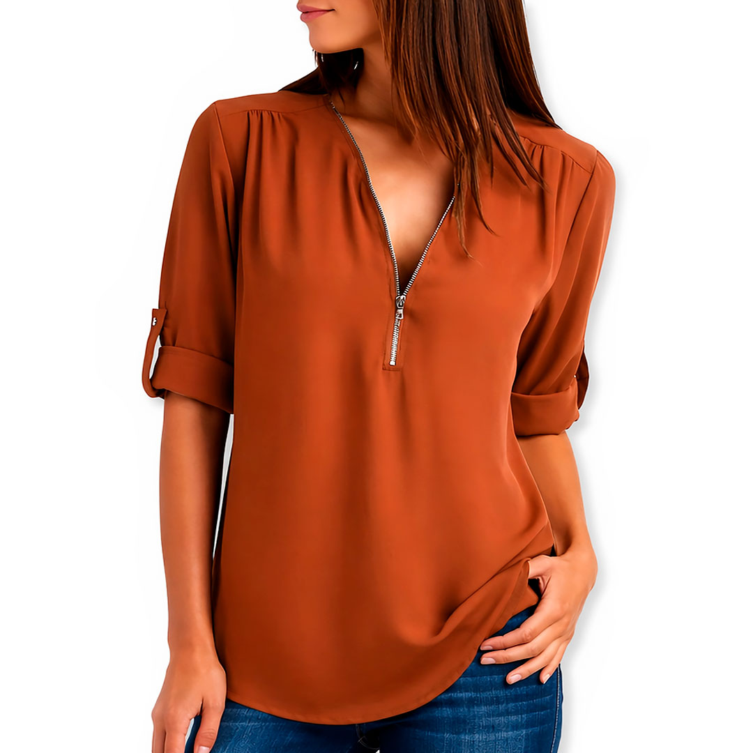 Women's Flowing V-Neck Blouse with Zip Klara