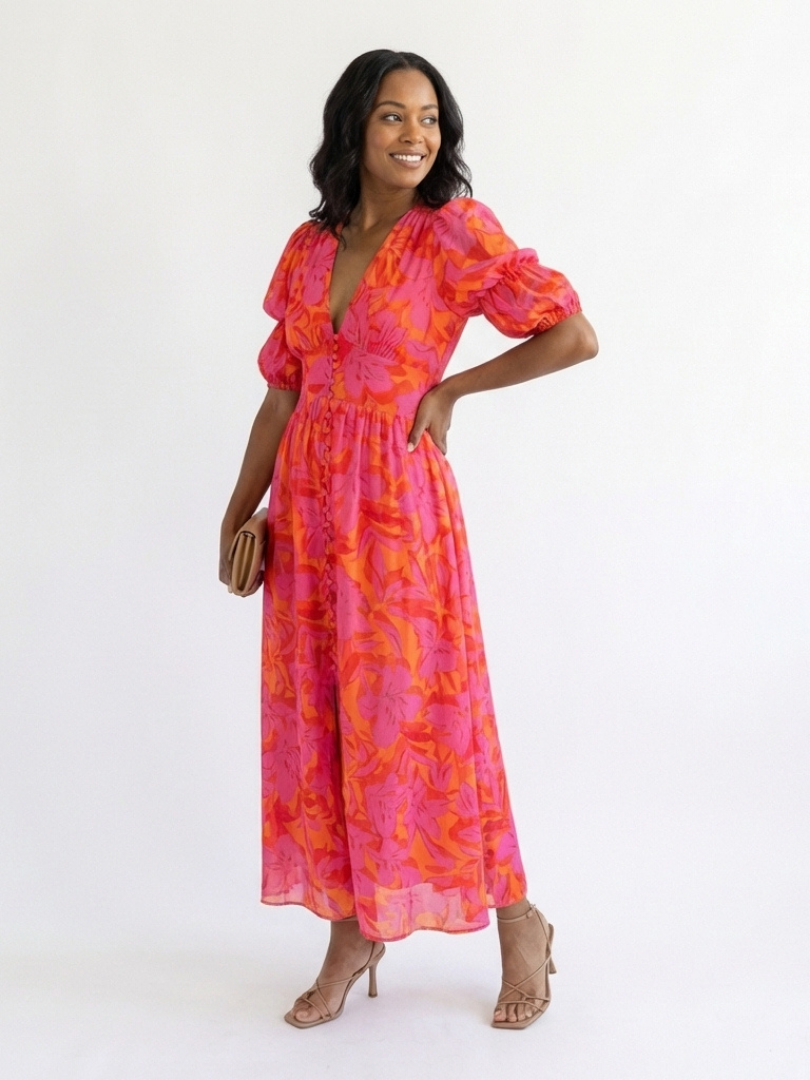 Women's Lightweight Puff Sleeve Midi Dress Klara