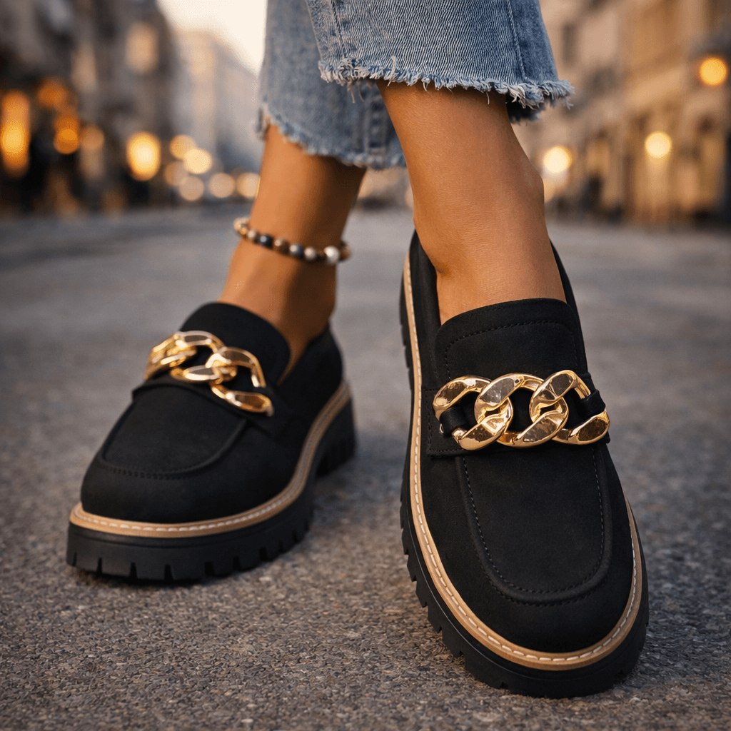 Women's Soft Suede Loafers with Gold Chain Detail Klara