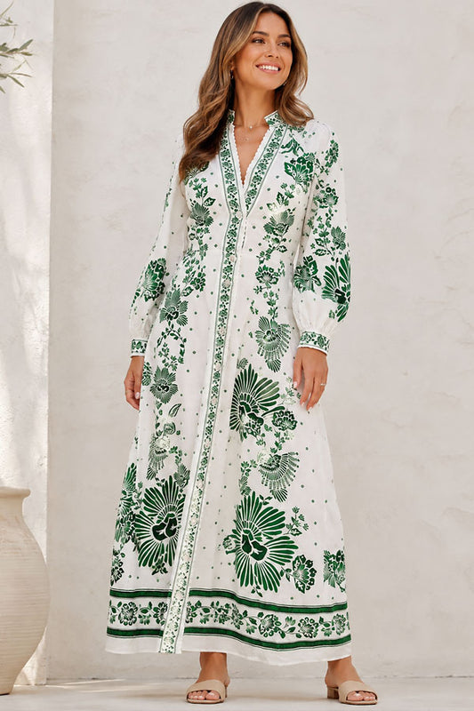 Women's Button Placket Long Sleeve Maxi Dress Klara