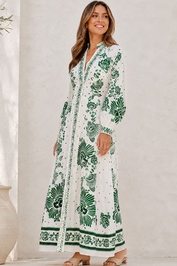 Women's Button Placket Long Sleeve Maxi Dress Klara