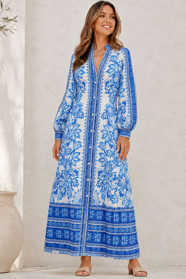 Women's Button Placket Long Sleeve Maxi Dress Klara