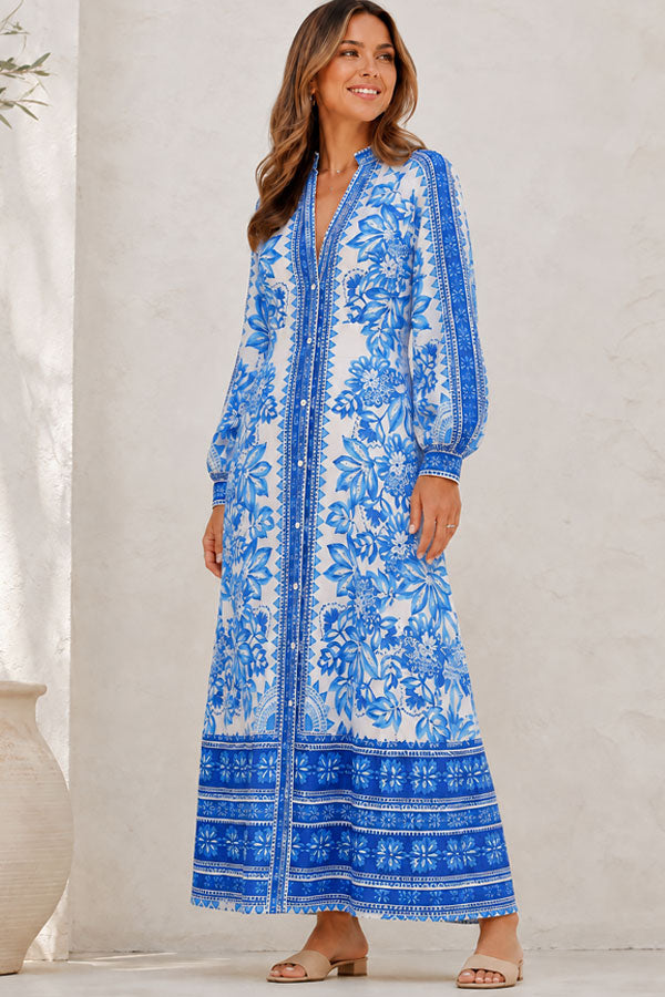 Women's Button Placket Long Sleeve Maxi Dress Klara