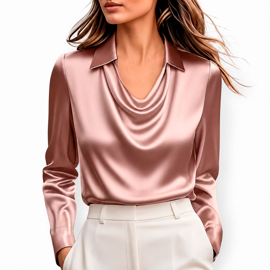 Women's Satin Cowl Neck Collared Long Sleeve Blouse Klara