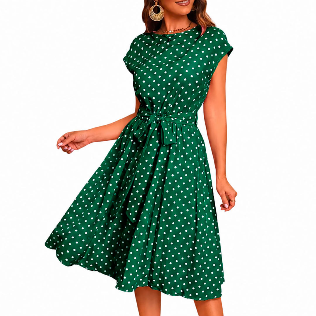Women's Polka Dot Belted Cap Sleeve Swing Midi Dress Klara