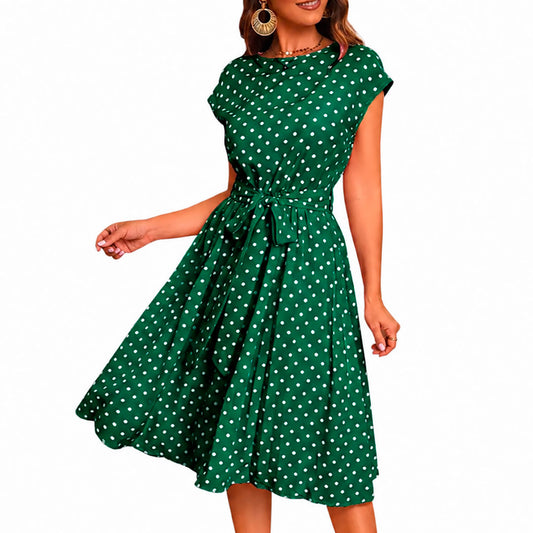 Women's Polka Dot Belted Cap Sleeve Swing Midi Dress Klara
