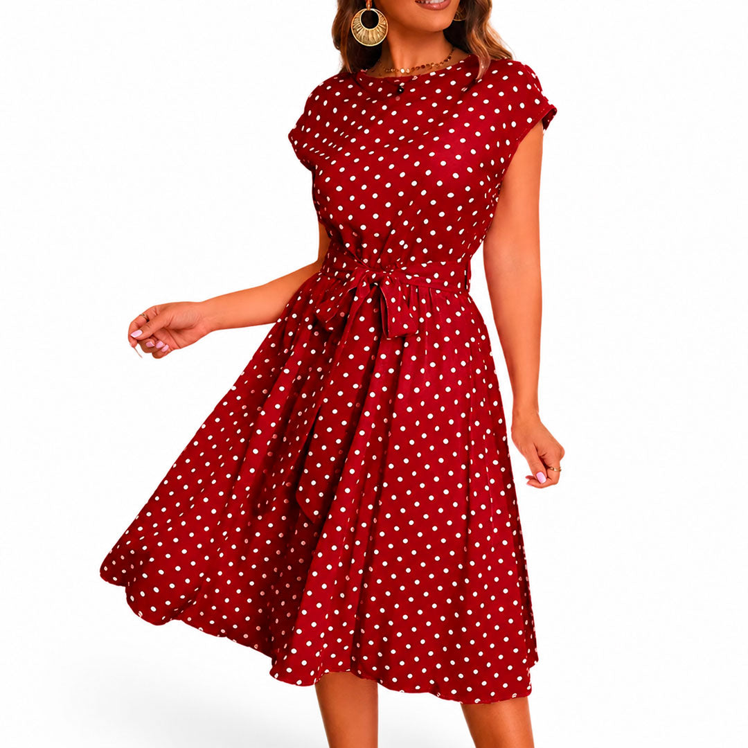 Women's Polka Dot Belted Cap Sleeve Swing Midi Dress Klara
