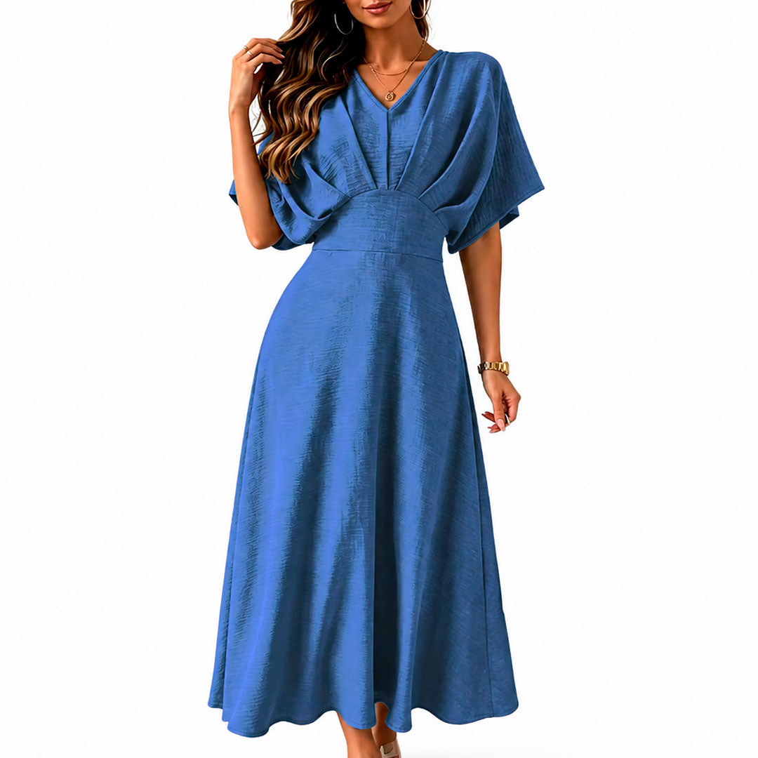 Women's Textured Batwing Sleeve V-Neck A-Line Midi Dress Klara