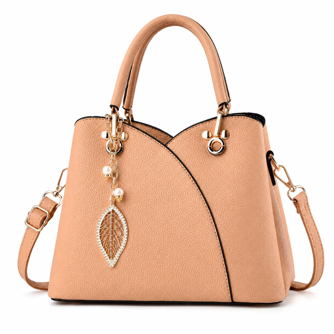 Women's Pebbled Faux Leather Gold Hardware Tote Handbag with Leaf Charm