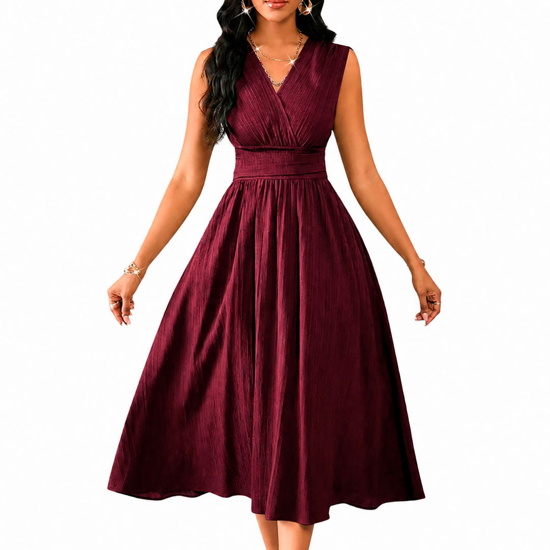 Women's Ruched V-Neck Sleeveless A-Line Midi Dress Klara