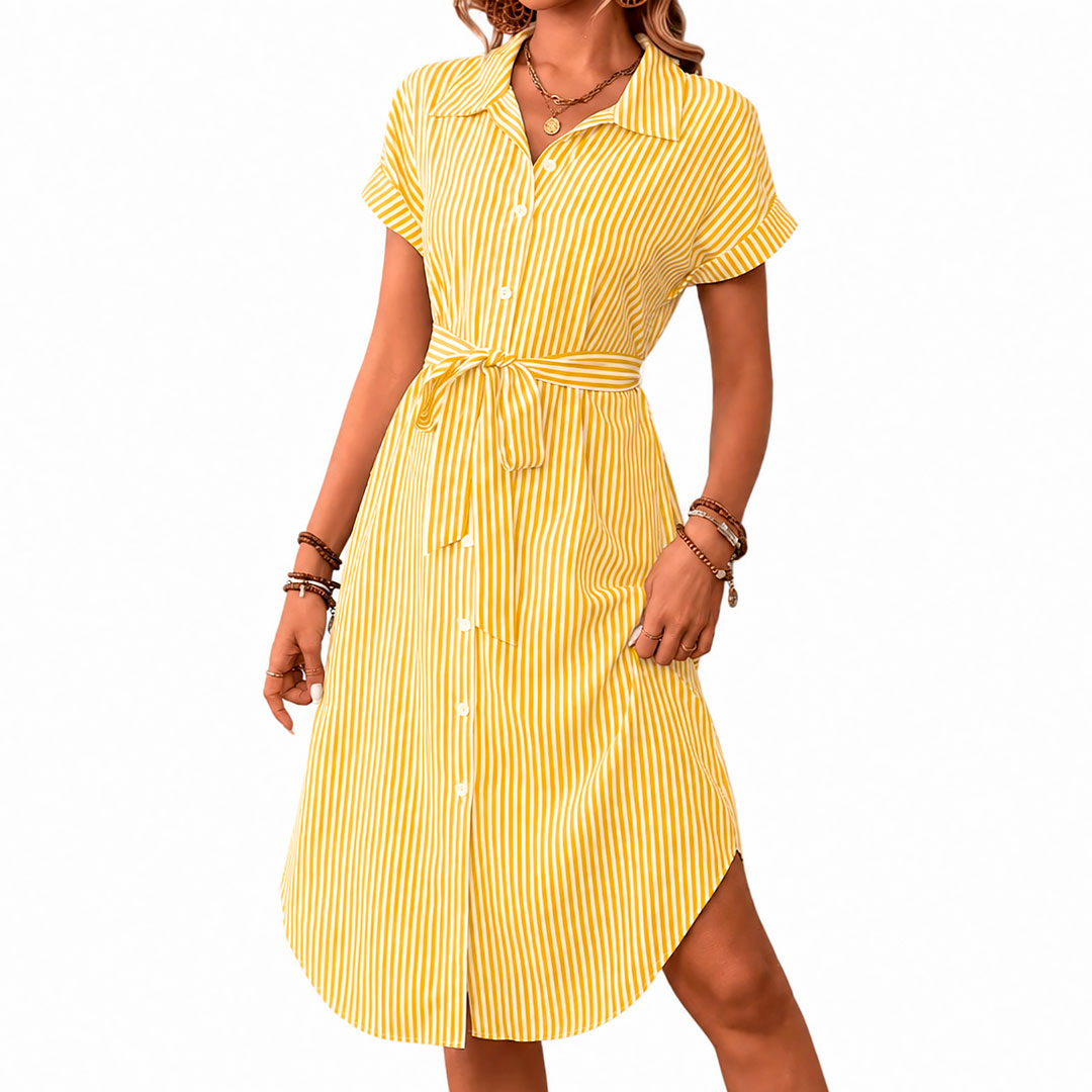 Women's Striped Button-Down Belted Midi Shirt Dress Klara