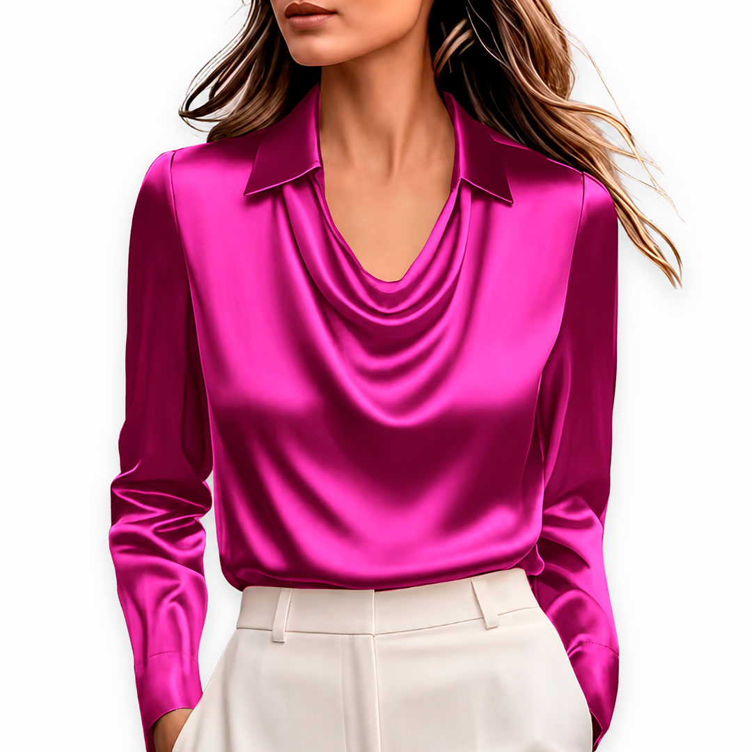 Women's Satin Cowl Neck Collared Long Sleeve Blouse Klara