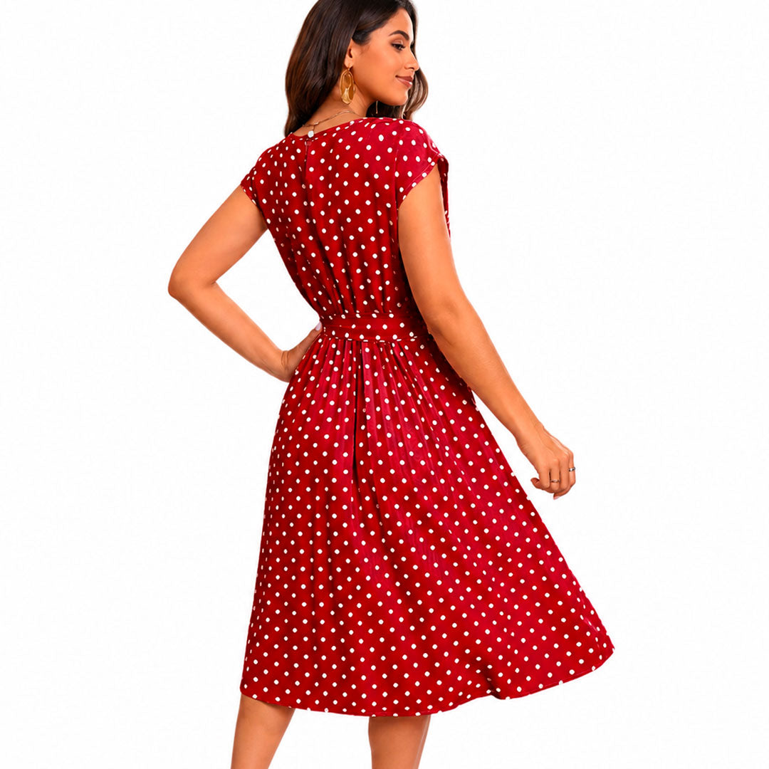 Women's Polka Dot Belted Cap Sleeve Swing Midi Dress Klara