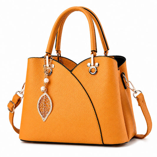 Women's Pebbled Faux Leather Gold Hardware Tote Handbag with Leaf Charm