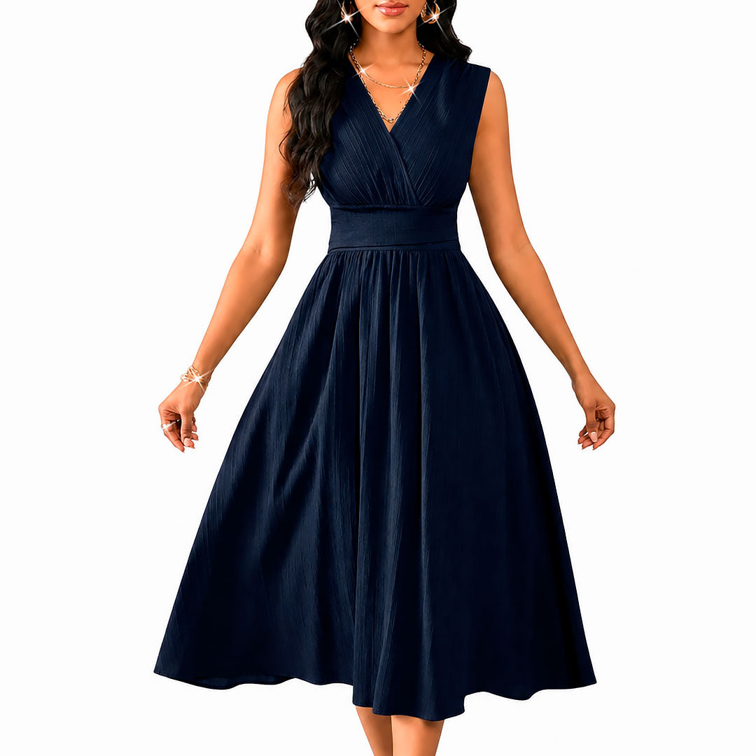 Women's Ruched V-Neck Sleeveless A-Line Midi Dress Klara