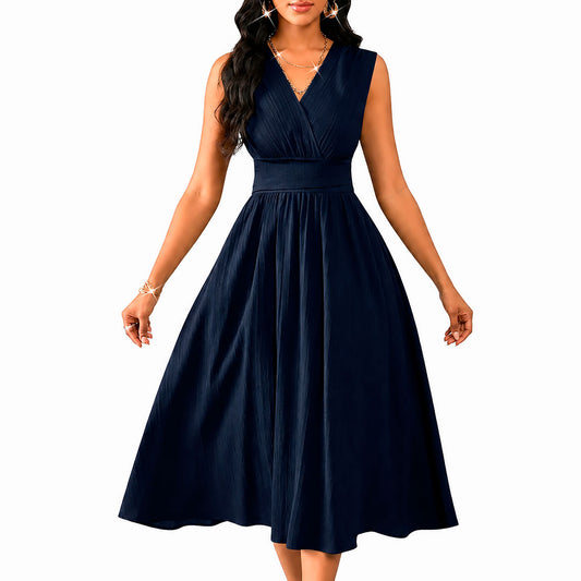Women's Ruched V-Neck Sleeveless A-Line Midi Dress Klara