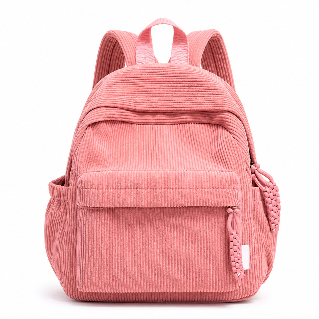 Women's Corduroy Mini Backpack with Macrame Zipper Pull