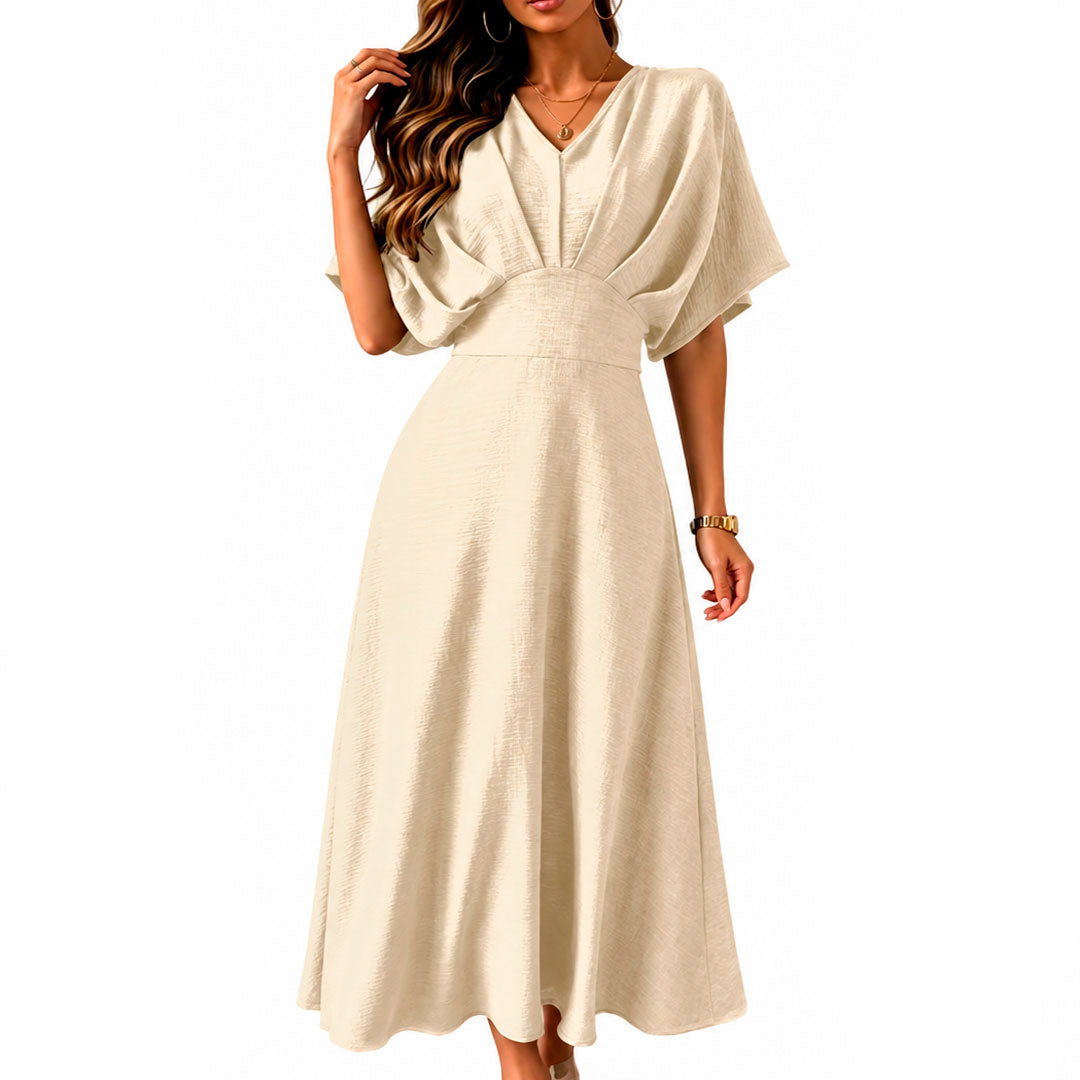 Women's Textured Batwing Sleeve V-Neck A-Line Midi Dress Klara