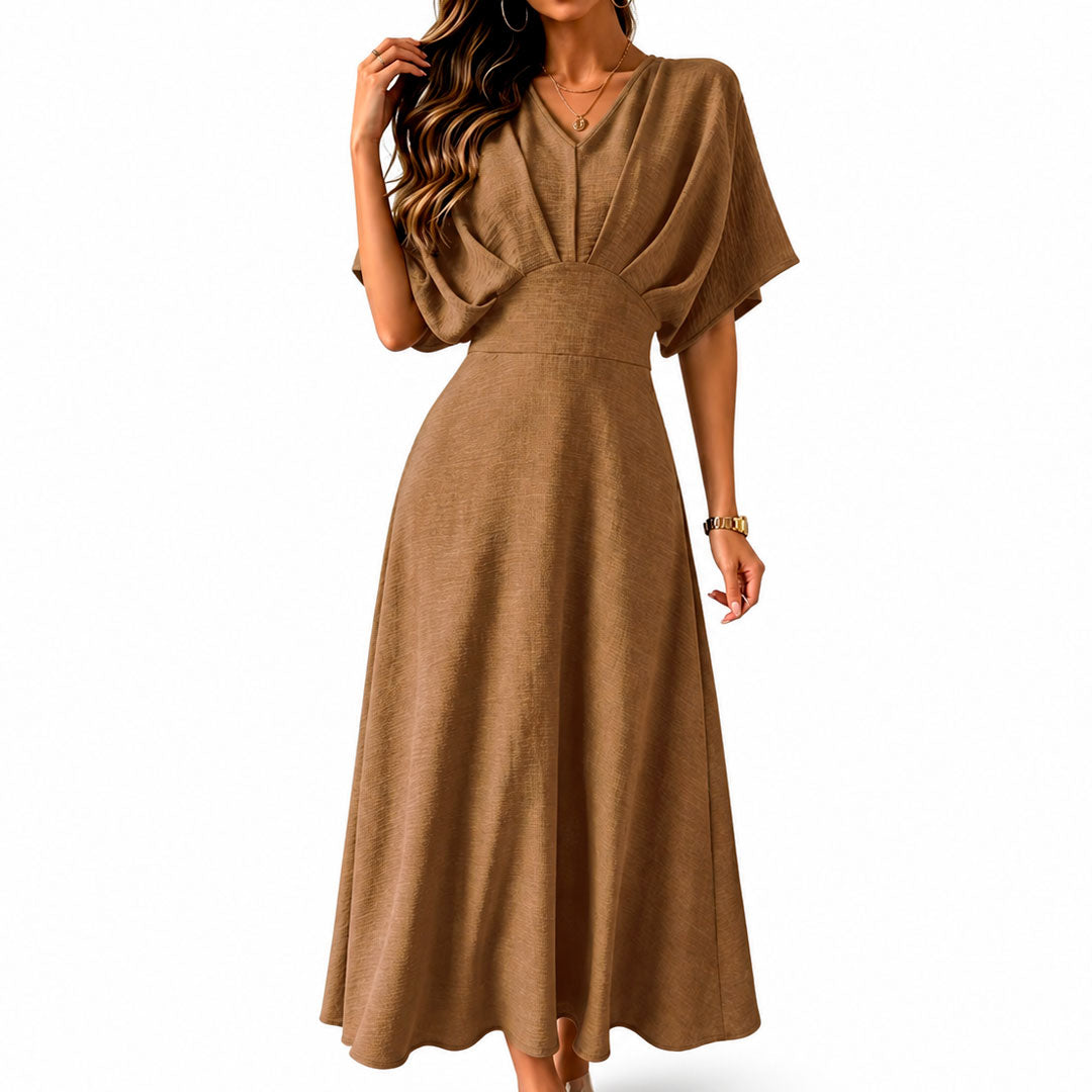 Women's Textured Batwing Sleeve V-Neck A-Line Midi Dress Klara