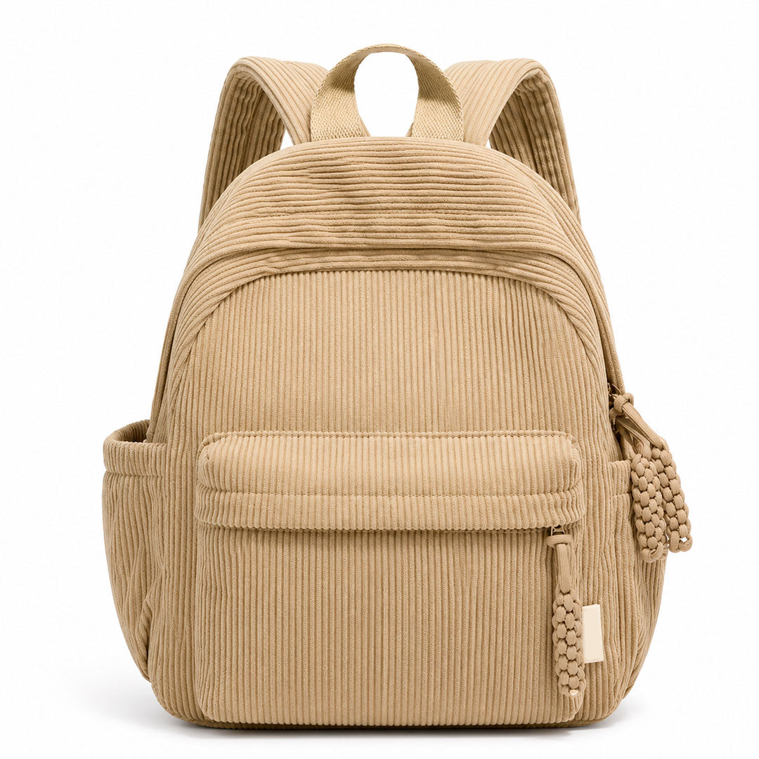 Women's Corduroy Mini Backpack with Macrame Zipper Pull