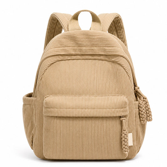 Women's Corduroy Mini Backpack with Macrame Zipper Pull
