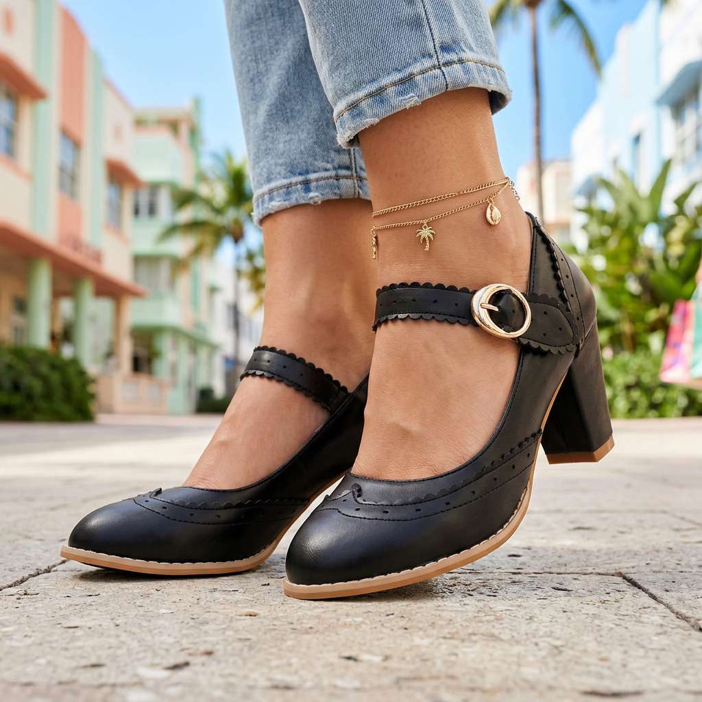 Women's Brogue Edge Mary Jane Pumps Klara