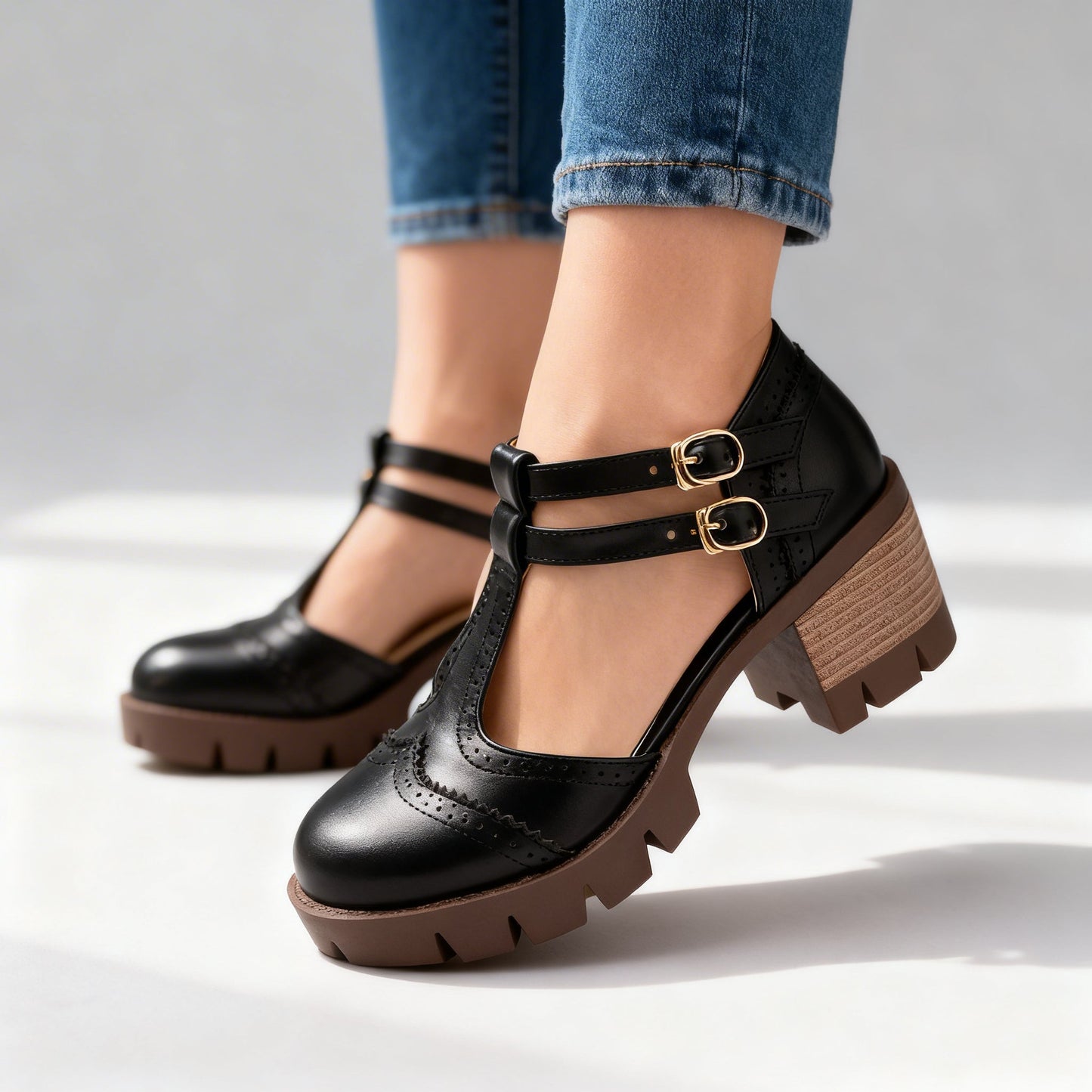 Women's Brogue Loafers with Double Buckle Straps Klara