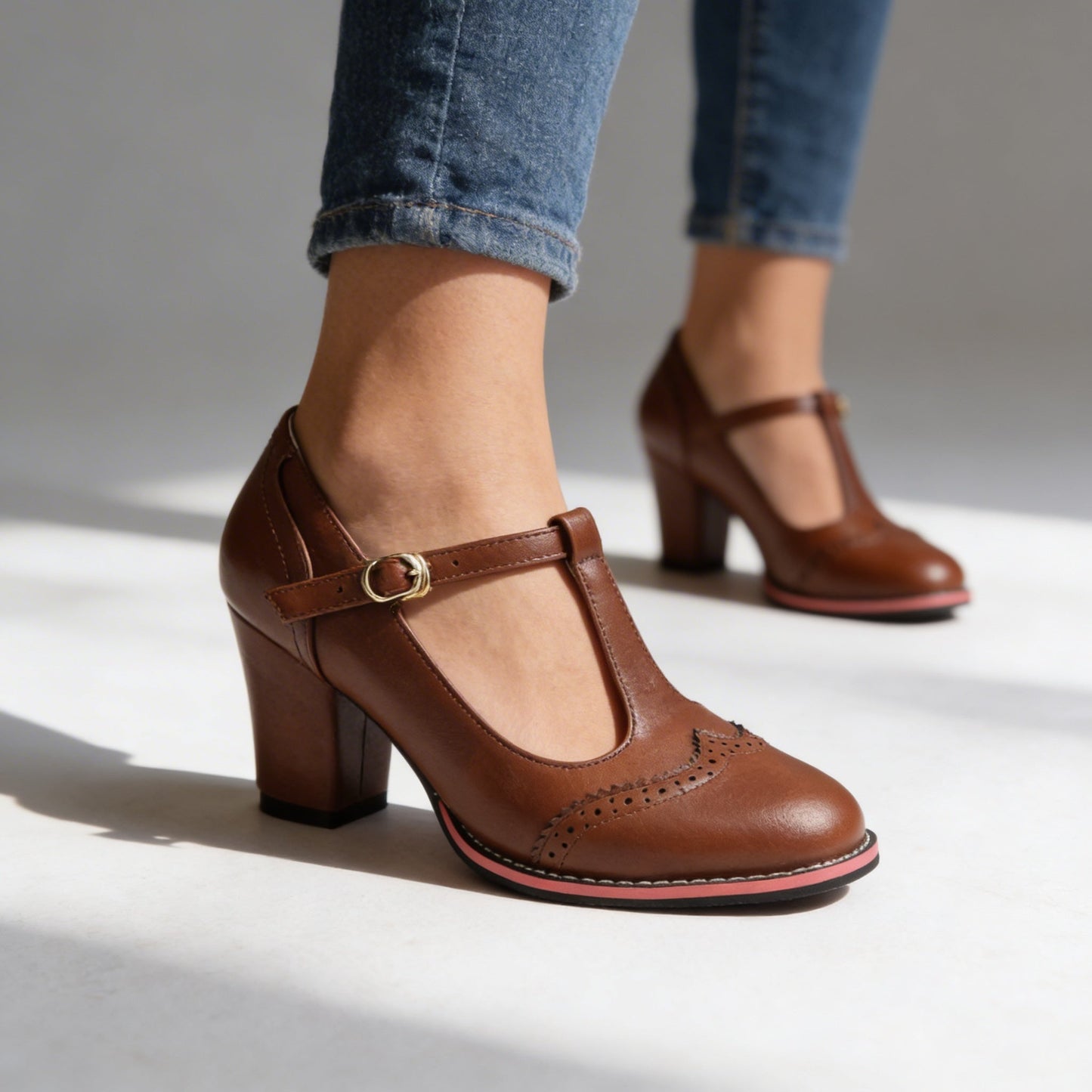 Women's Brogue Loafers with T-Strap Buckle Klara