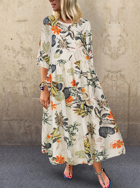 Women's Cotton Floral Print Three-Quarter Sleeve Dress Klara