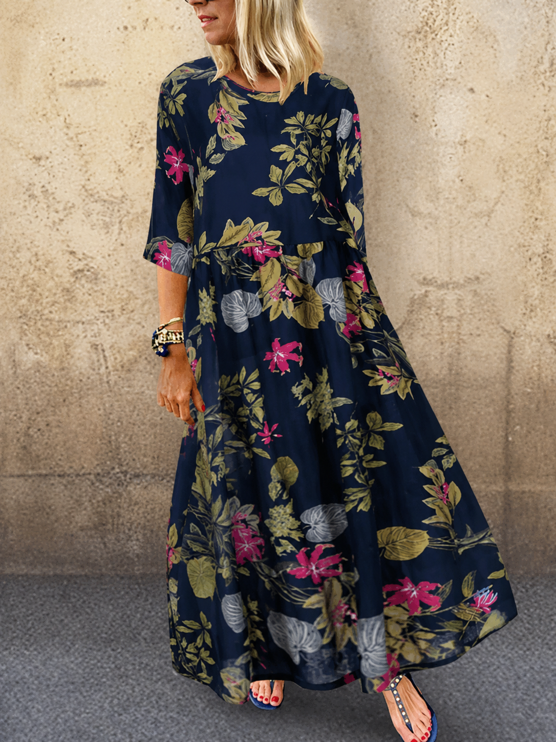 Women's Cotton Floral Print Three-Quarter Sleeve Dress Klara