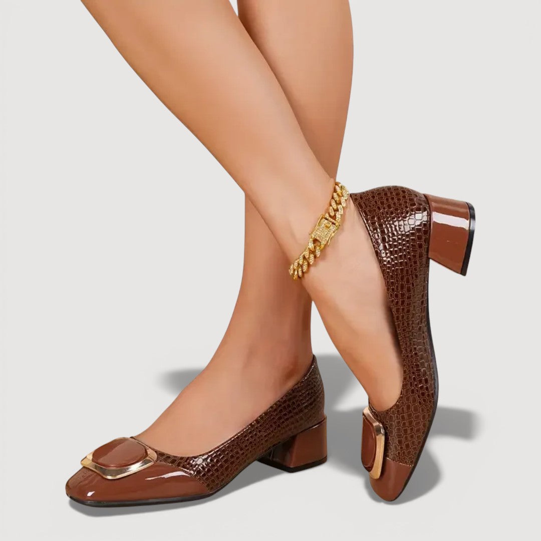 Women's Crocodile Embossed Leather Block Heel Shoes Klara