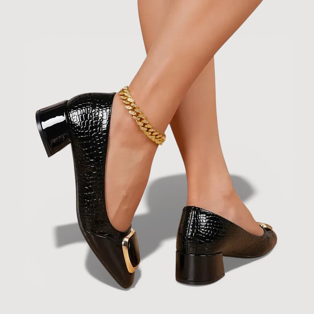 Women's Crocodile Embossed Leather Block Heel Shoes Klara