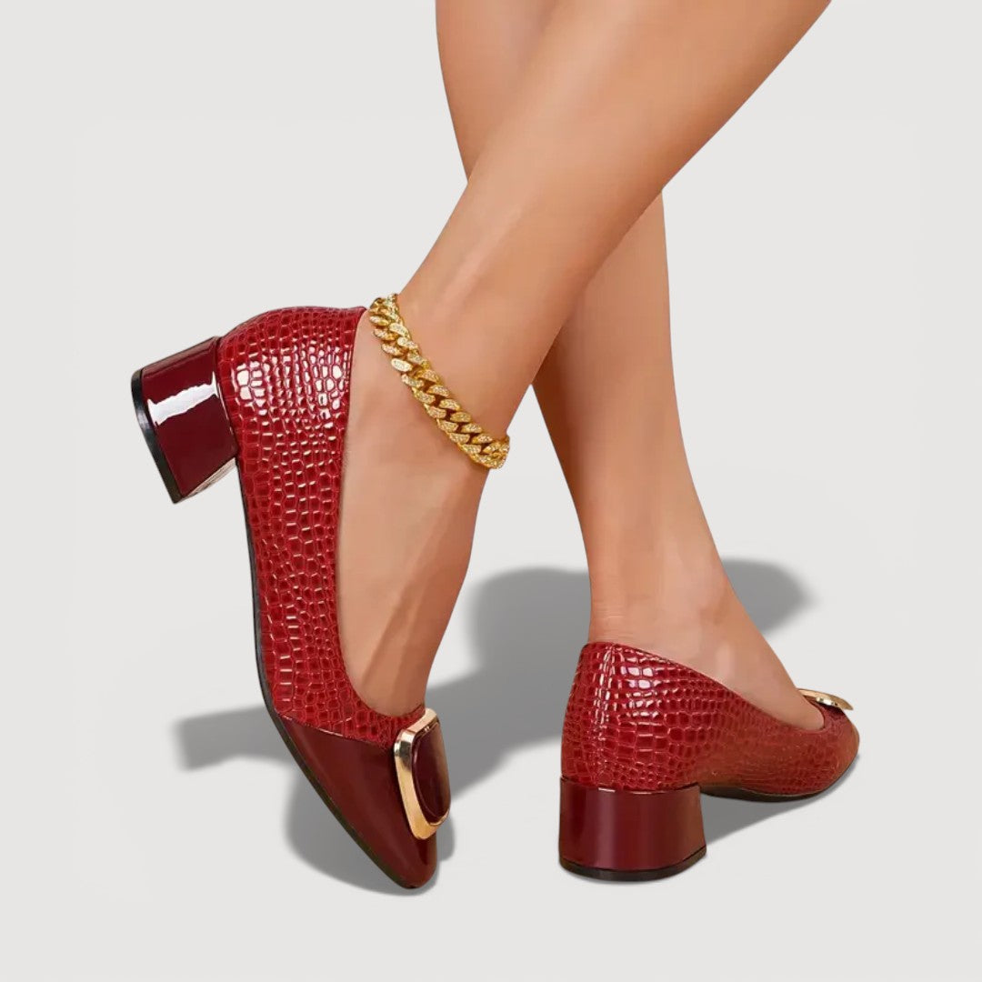 Women's Crocodile Embossed Leather Block Heel Shoes Klara