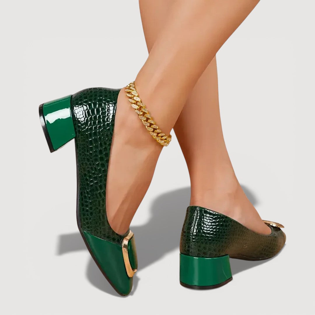 Women's Crocodile Embossed Leather Block Heel Shoes Klara