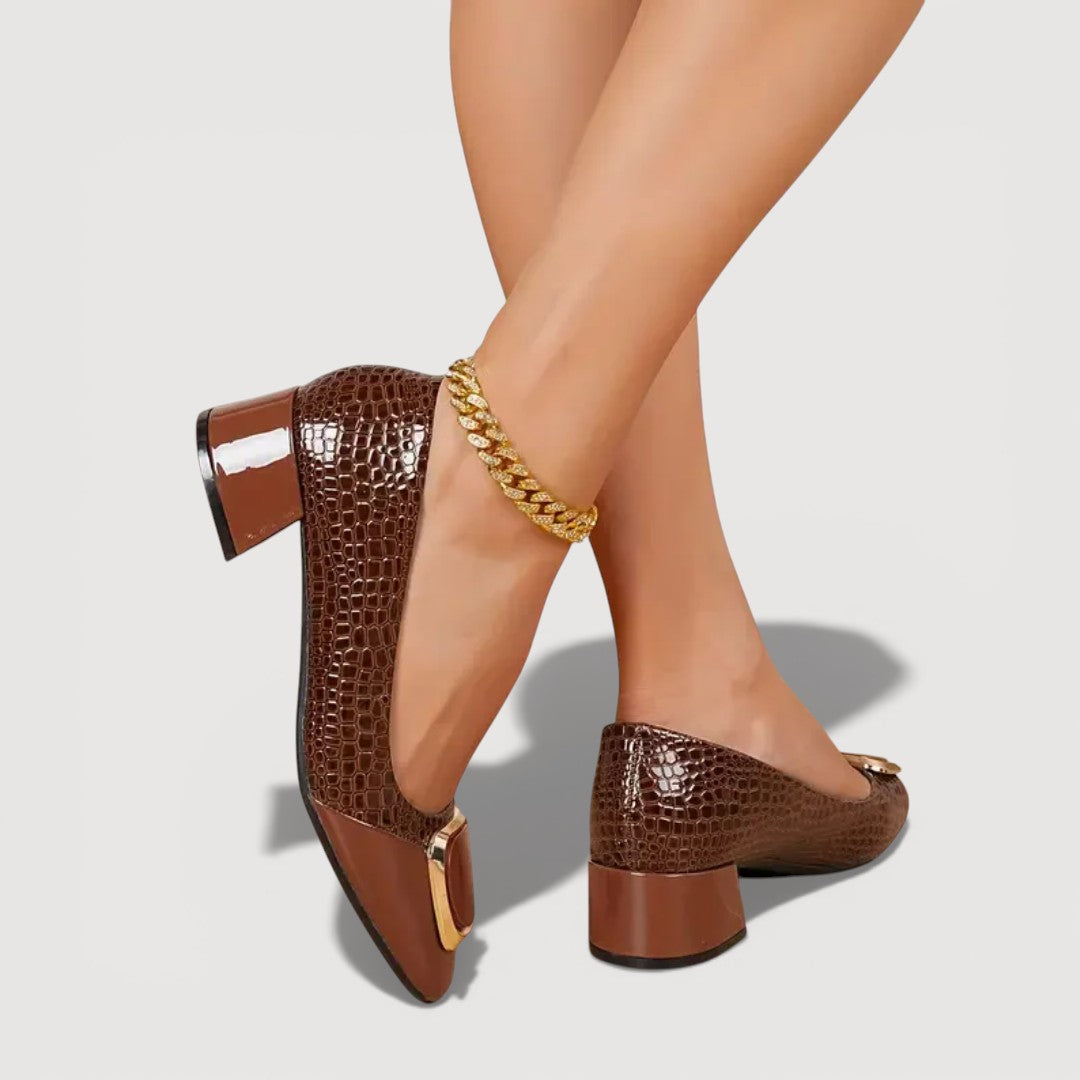 Women's Crocodile Embossed Leather Block Heel Shoes Klara