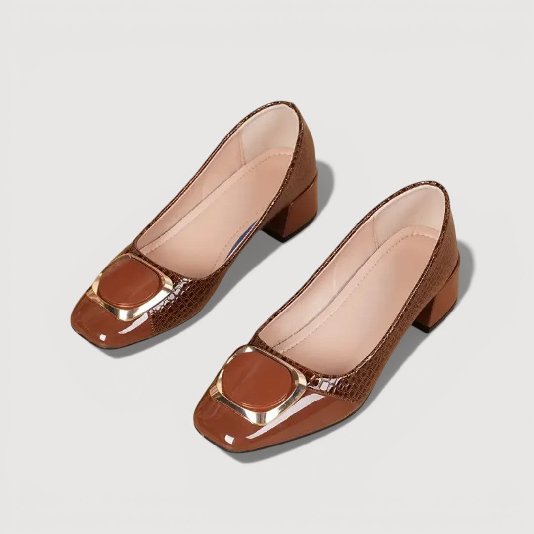 Women's Crocodile Embossed Leather Block Heel Shoes Klara