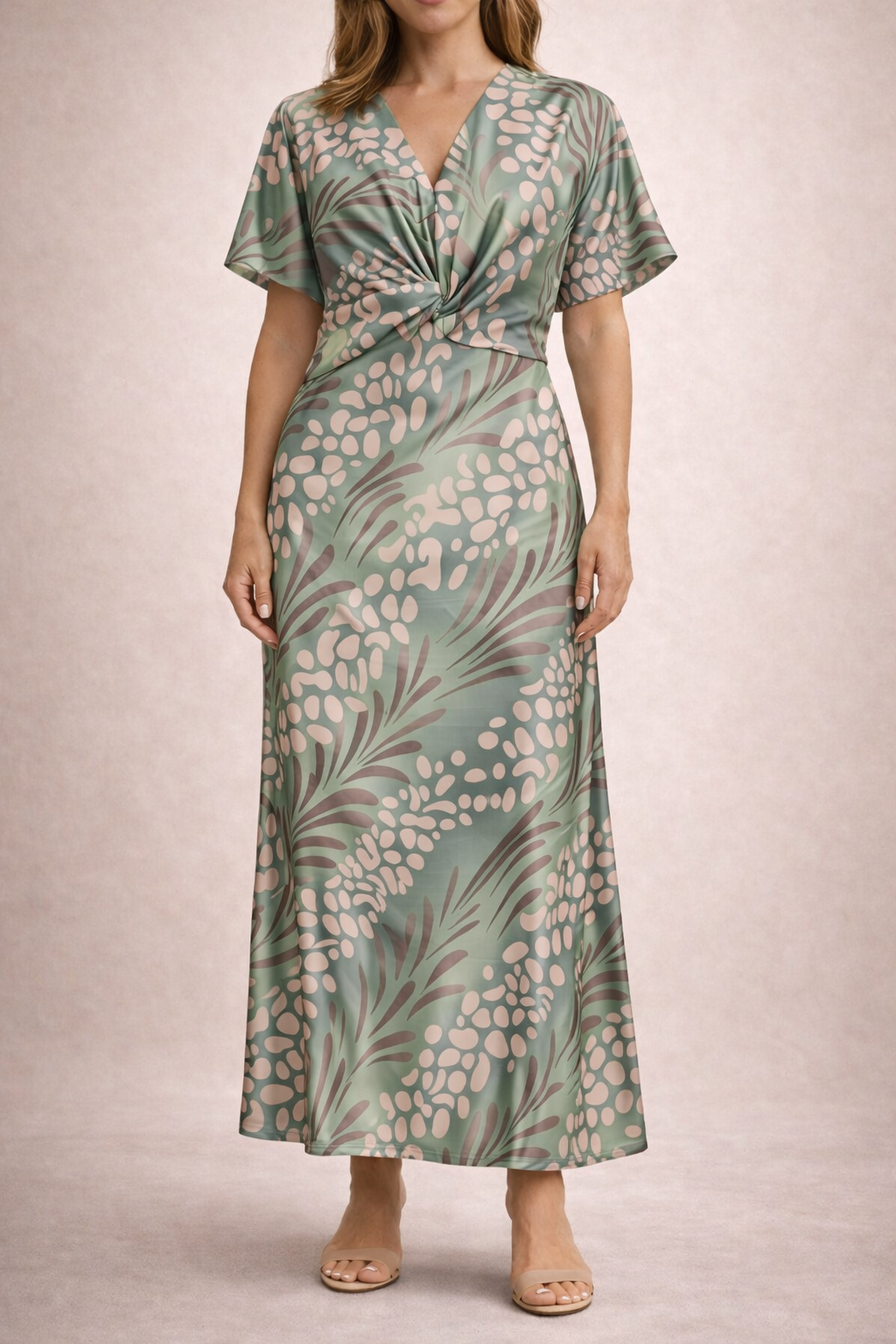 Women's Draped Midi Dress with Natural Print Klara