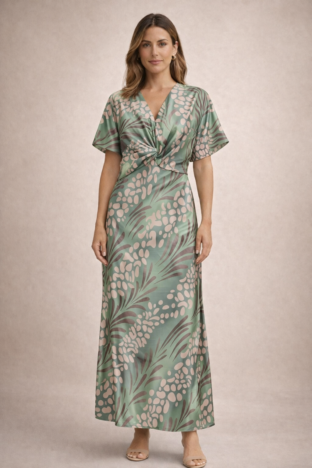 Women's Draped Midi Dress with Natural Print Klara