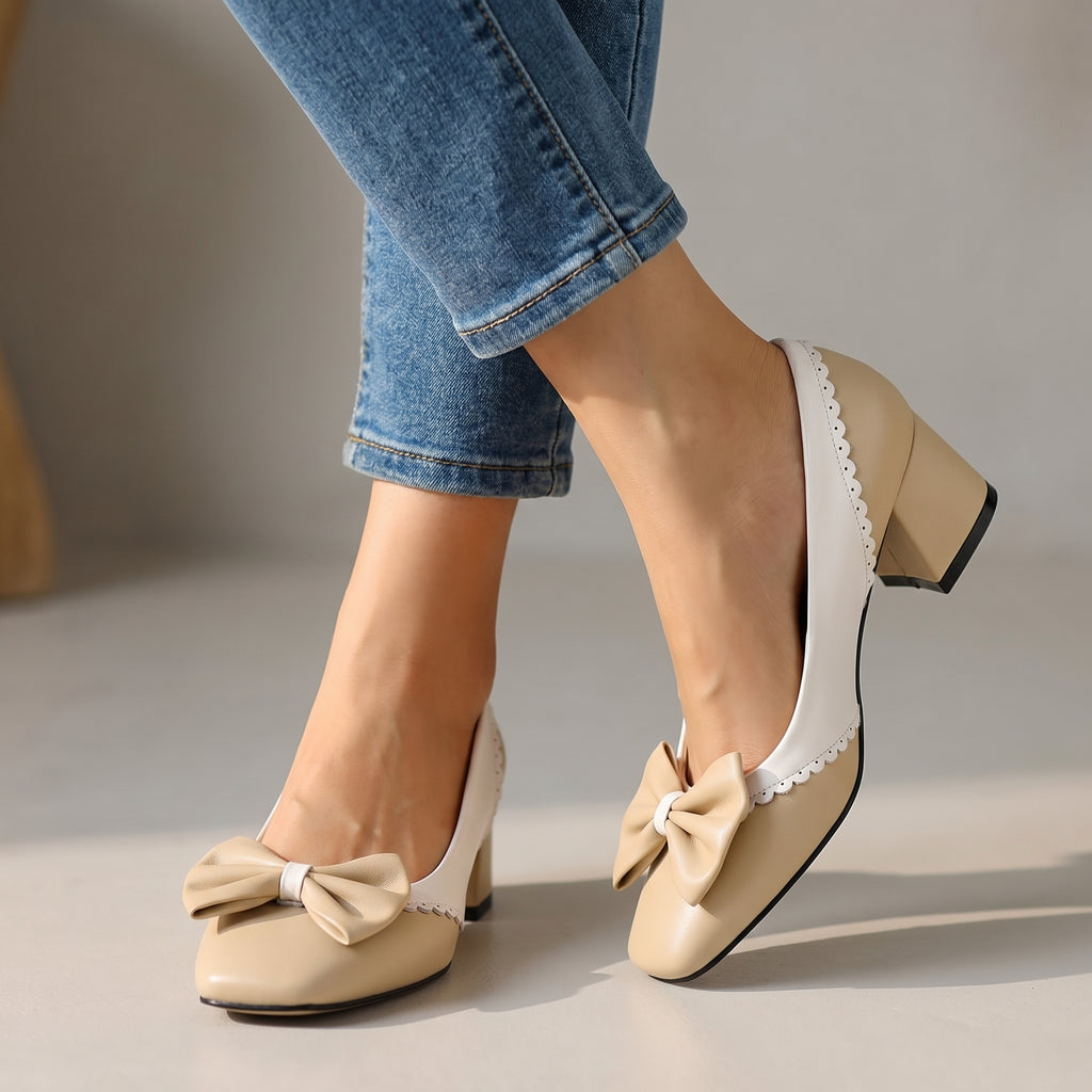 Women's Elegant Block Heel Shoes with Bow Detail Klara