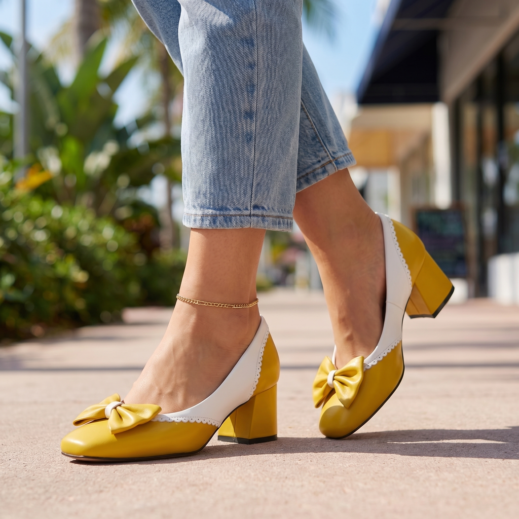 Women's Elegant Block Heel Shoes with Bow Detail Klara
