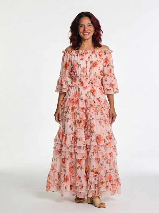 Women's Floral Ruffle Neckline Maxi Dress Klara