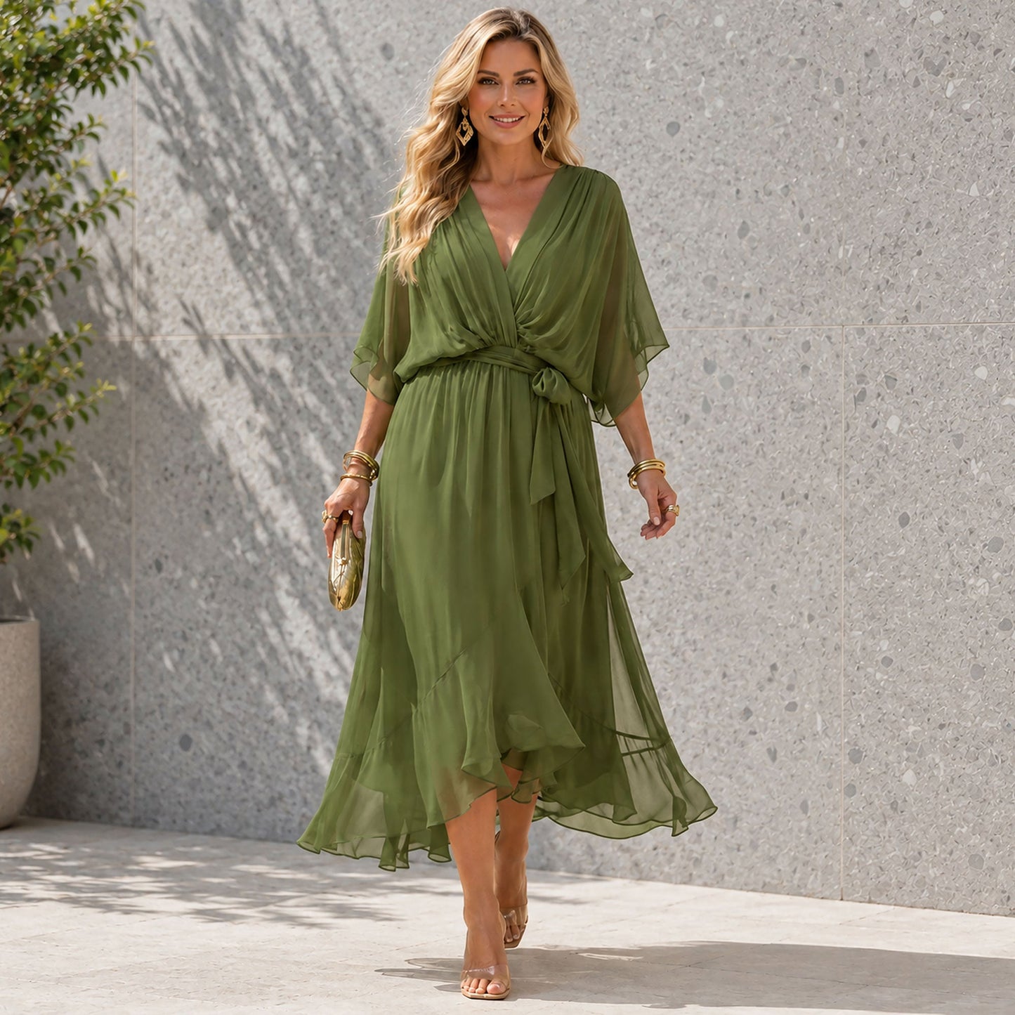 Women's Flowing Chiffon V-Neck Maxi Dress Klara