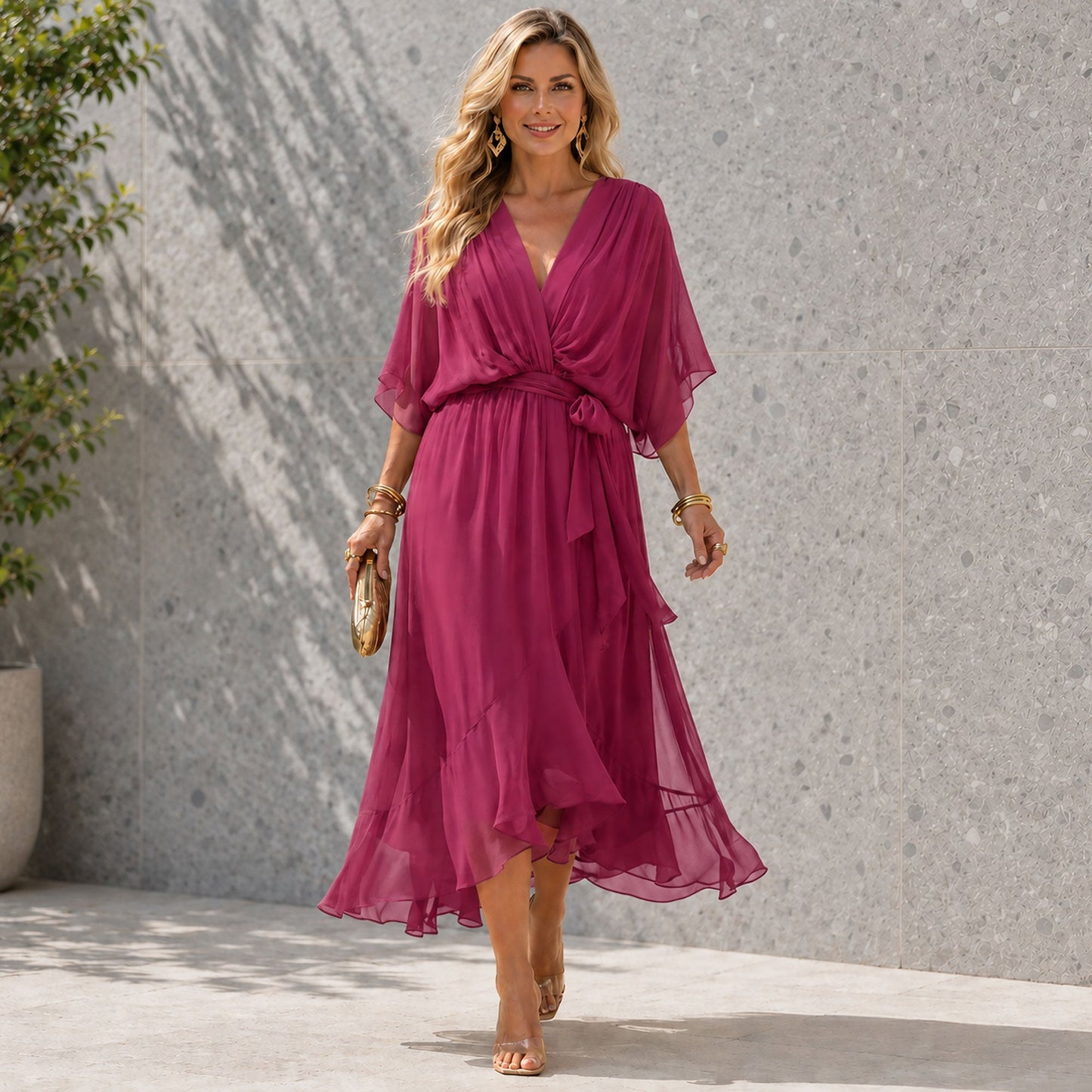 Women's Flowing Chiffon V-Neck Maxi Dress Klara